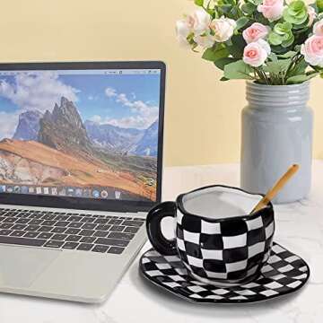 StarLuckINT Irregular Plaid Ceramic Coffee Mug Set, 8oz Hand Painted Checkerboard Coffee Cup with Saucer and Spoon, for Latte Tea Milk Cappuccino Home Office Festive Gifts (Color : Black)