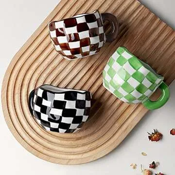 StarLuckINT Irregular Plaid Ceramic Coffee Mug Set, 8oz Hand Painted Checkerboard Coffee Cup with Saucer and Spoon, for Latte Tea Milk Cappuccino Home Office Festive Gifts (Color : Black)