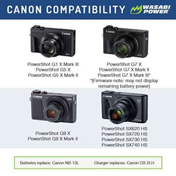 Wasabi Power NB-13L Battery for Canon PowerShot G1 X Mark III, G5 X, G7 X, G7 X Mark II, G9 X, G9 X Mark II, SX620 HS, SX720 HS, SX730 HS, SX740 HS