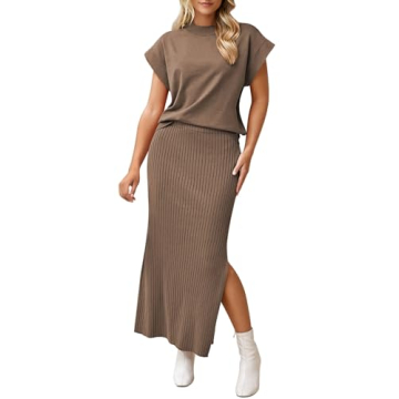 Stunning Pink Queen Women 2 Piece Skirt Set - Casual Knit Sweater Top and Bodycon Midi Dress for Ele...