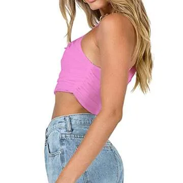 LYANER Women's Sexy Ruched One Shoulder Sleeveless Crop Top Strappy Cami Tank Pink Small