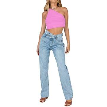 LYANER Women's Sexy Ruched One Shoulder Sleeveless Crop Top Strappy Cami Tank Pink Small