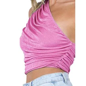 LYANER Women's Sexy Ruched One Shoulder Sleeveless Crop Top Strappy Cami Tank Pink Small