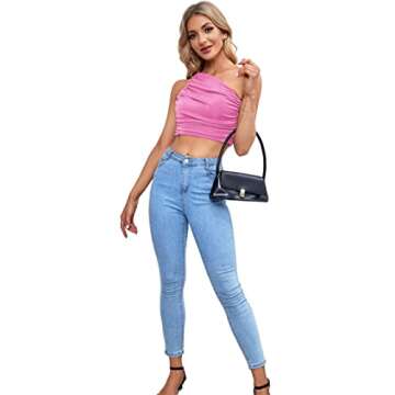 LYANER Women's Sexy Ruched One Shoulder Sleeveless Crop Top Strappy Cami Tank Pink Small