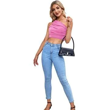 LYANER Women's Sexy Ruched One Shoulder Sleeveless Crop Top Strappy Cami Tank Pink Small