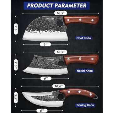 Topfeel 3PCS Butcher Knife Set, Hand Forged Serbian Chef Knife & Meat Cleaver Knife & Viking Knives, Meat Cutting Kitchen Knife Set for Home, Outdoor Cooking, Camping BBQ Gift Idea Men
