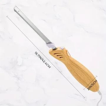Prikoi Electric Knife - Easy-Slice Serrated Edge Blades Carving Set for Meat, Bread, Turkey, Ribs, Fillet, DIY, Ergonomic Handle + 2 Blades for Raw & Cooked Food(Faux Wood)