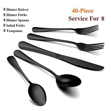 Wildone 40-Piece Black Silverware Set, Stainless Steel Flatware Cutlery Set Service for 8, Tableware...