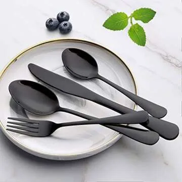 Wildone 40-Piece Black Silverware Set, Stainless Steel Flatware Cutlery Set Service for 8, Tableware Eating Utensils Include Knives/Forks/Spoons, Mirror Polished, Dishwasher Safe