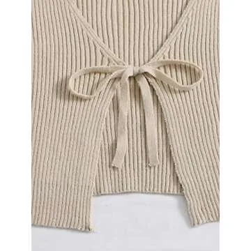 Floerns Women's Tie Front Long Sleeve Rib Knit Shrug Sweaters Cardigan Crop Top