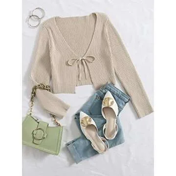 Floerns Women's Tie Front Long Sleeve Rib Knit Shrug Sweaters Cardigan Crop Top