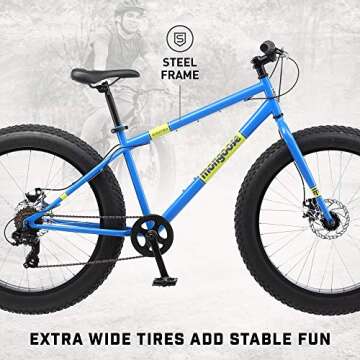 Mongoose Dolomite Fat Tire Mountain Bike, for Men and Women, 26 Inch Wheels, 4 Inch Wide Knobby Tires, 7-Speed, Adult Steel Frame, Front and Rear Brakes, Light Blue