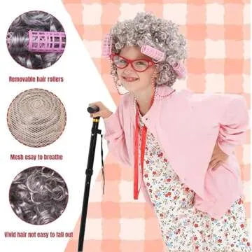 FAYBOX Old Lady Wig Costume for Women,100 Days of School Costume,Grandma Granny Costume Wig
