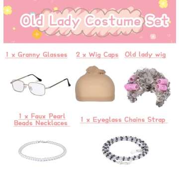 FAYBOX Old Lady Wig Costume for Women,100 Days of School Costume,Grandma Granny Costume Wig