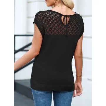 EVALESS Womens Fashion Short Sleeve Sweaters Casual Crewneck Crochet Hollow Out Tops Summer Clothes Trendy 2025 Bow Tie Back Pullover Shirts Cute Knit T Shirts Lightweight Sweater Tops Black Medium