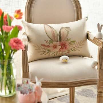 AVOIN colorlife Happy Easter Throw Pillow Cover, 12 x 20 Inch Rabbit Spring Flower Holiday Party Cushion Case Decoration for Sofa Couch