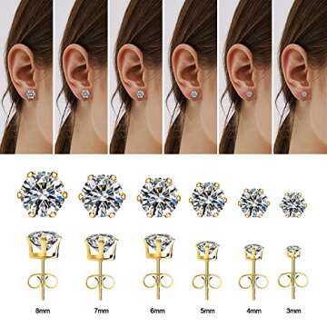 UHIBROS Cubic Zirconia Earrings Studs for Women, 6 Pairs Hypoallergenic 316L Stainless Steel Stud Earrings Set 14K Gold Plated Multipack CZ Earrings for Mens 3-8mm
