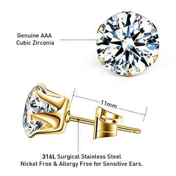 UHIBROS Cubic Zirconia Earrings Studs for Women, 6 Pairs Hypoallergenic 316L Stainless Steel Stud Earrings Set 14K Gold Plated Multipack CZ Earrings for Mens 3-8mm