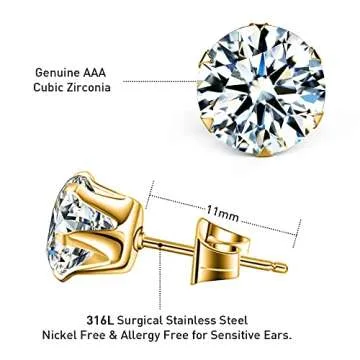 UHIBROS Cubic Zirconia Earrings Studs for Women, 6 Pairs Hypoallergenic 316L Stainless Steel Stud Earrings Set 14K Gold Plated Multipack CZ Earrings for Mens 3-8mm