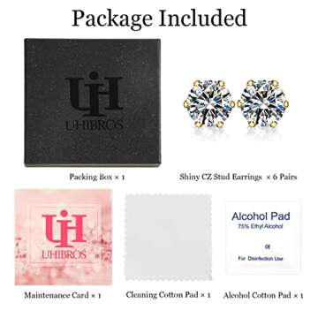 UHIBROS Cubic Zirconia Earrings Studs for Women, 6 Pairs Hypoallergenic 316L Stainless Steel Stud Earrings Set 14K Gold Plated Multipack CZ Earrings for Mens 3-8mm