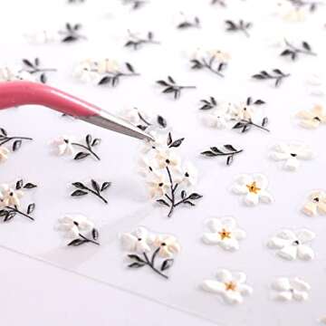 5D Embossed Daisy Flower Nail Art Stickers - Black White Floral Nail Decals 3D Self-Adhesive Nail Ar...