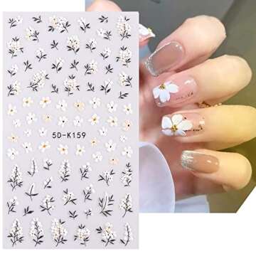 5D Embossed Daisy Flower Nail Art Stickers - Black White Floral Nail Decals 3D Self-Adhesive Nail Art Supplies Spring Blossom Leaf Bunny Nail Stickers for Women Acrylic Nails Art Decorations, 3Sheets