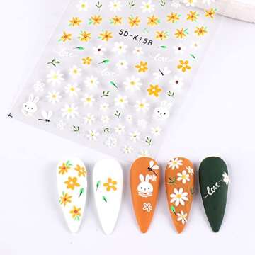 5D Embossed Daisy Flower Nail Art Stickers - Black White Floral Nail Decals 3D Self-Adhesive Nail Art Supplies Spring Blossom Leaf Bunny Nail Stickers for Women Acrylic Nails Art Decorations, 3Sheets