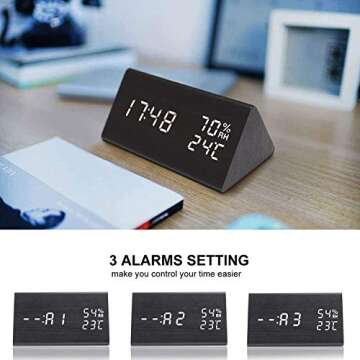 Digital Alarm Clock with Wooden Electronic LED Time Display,3 Alarm Settings, Humidity & Temperature...