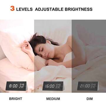 Digital Alarm Clock with Wooden Electronic LED Time Display,3 Alarm Settings, Humidity & Temperature Detect Wood Made Electric Clocks for Bedroom,Bedside (Black)