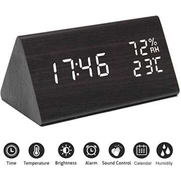 Digital Alarm Clock with Wooden Electronic LED Time Display,3 Alarm Settings, Humidity & Temperature Detect Wood Made Electric Clocks for Bedroom,Bedside (Black)