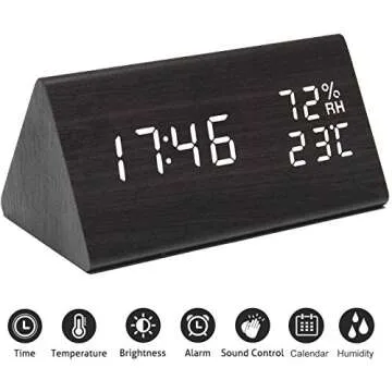 Digital Alarm Clock with Wooden Electronic LED Time Display,3 Alarm Settings, Humidity & Temperature Detect Wood Made Electric Clocks for Bedroom,Bedside (Black)