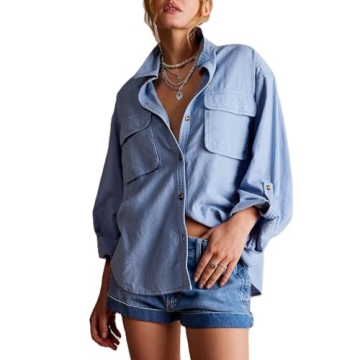 Women Button Down T-Shirts Oversized Blouses Long Sleeve Shirt Loose Fit Work Blouse Casual Tops wit...
