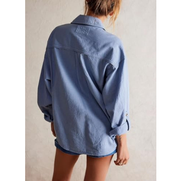 Women Button Down T-Shirts Oversized Blouses Long Sleeve Shirt Loose Fit Work Blouse Casual Tops with Pocket, Blue, Medium