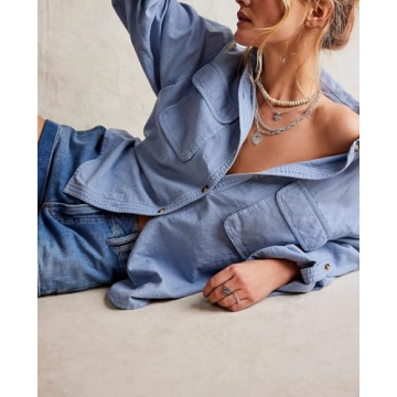 Women Button Down T-Shirts Oversized Blouses Long Sleeve Shirt Loose Fit Work Blouse Casual Tops with Pocket, Blue, Medium