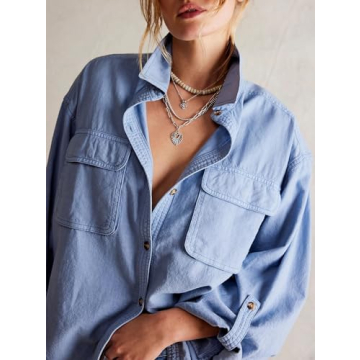 Women Button Down T-Shirts Oversized Blouses Long Sleeve Shirt Loose Fit Work Blouse Casual Tops with Pocket, Blue, Medium