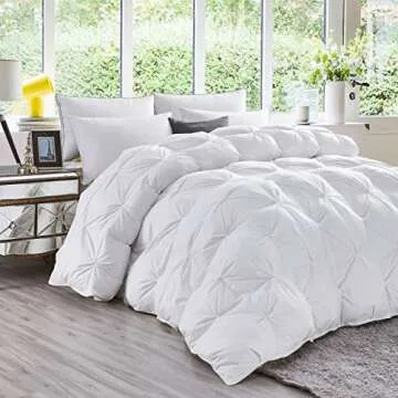 Luxurious All-Season Goose Down Feather Fiber Comforter Queen Size Duvet Insert, Exquisite Pinch Pleat Design, Premium Baffle Box, 100% Egyptian Cotton Cover, 55 oz. Fill Weight, White