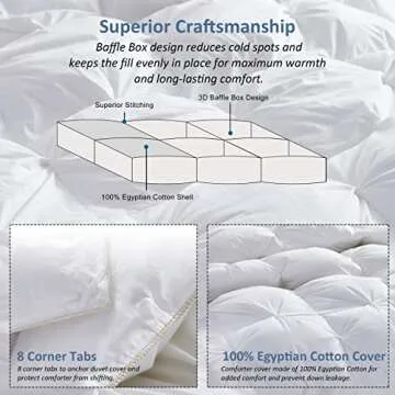 Luxurious All-Season Goose Down Feather Fiber Comforter Queen Size Duvet Insert, Exquisite Pinch Pleat Design, Premium Baffle Box, 100% Egyptian Cotton Cover, 55 oz. Fill Weight, White