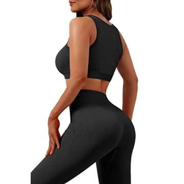 JZC Ribbed Workout Outfits for Women 2 Piece Seamless Sport Bra High Waist Leggings Cycling Set Black X-Small