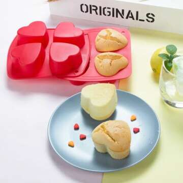 Webake Silicone Heart Mold Heart Shaped Small Cake Pans Muffin Cupcake Mold Tray for Baking, Jelly Pudding Jello Soap Bath Bombs 4 Cavity, 2 Pack