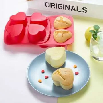 Webake Silicone Heart Mold Heart Shaped Small Cake Pans Muffin Cupcake Mold Tray for Baking, Jelly Pudding Jello Soap Bath Bombs 4 Cavity, 2 Pack