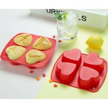Webake Silicone Heart Mold Heart Shaped Small Cake Pans Muffin Cupcake Mold Tray for Baking, Jelly Pudding Jello Soap Bath Bombs 4 Cavity, 2 Pack