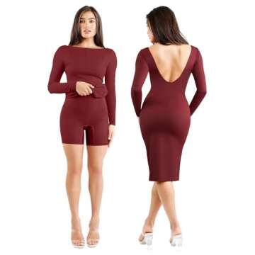 Popilush The Shapewear Dress Backless Shaper Dress with Built in Shapewear Long Sleeve Midi Bodycon ...