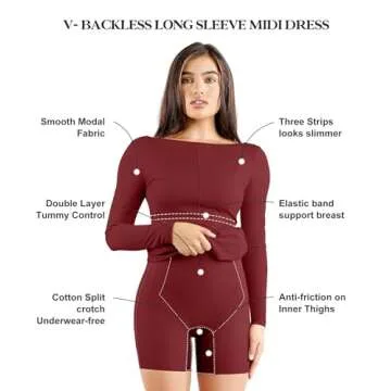 Popilush The Shapewear Dress Backless Shaper Dress with Built in Shapewear Long Sleeve Midi Bodycon Dresses for Women Wine Red