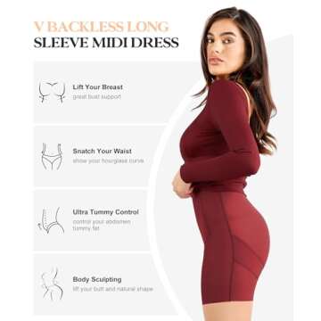 Popilush The Shapewear Dress Backless Shaper Dress with Built in Shapewear Long Sleeve Midi Bodycon Dresses for Women Wine Red