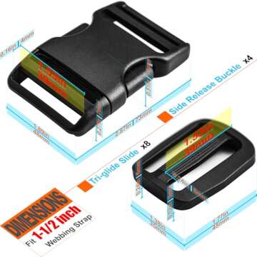 Buckles for 1-1/2 inch Wide Webbing Straps: Quick Side Release Buckle 4 set and Tri-Glide Slide 8 pcs Fit 1.5" Nylon Web Belt, Plastic Snap Fastener Clip Heavy Duty Replacement Dual Adjustable