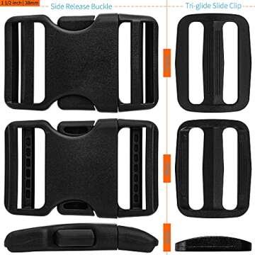 Buckles for 1-1/2 inch Wide Webbing Straps: Quick Side Release Buckle 4 set and Tri-Glide Slide 8 pcs Fit 1.5" Nylon Web Belt, Plastic Snap Fastener Clip Heavy Duty Replacement Dual Adjustable
