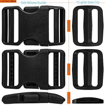 Buckles for 1-1/2 inch Wide Webbing Straps: Quick Side Release Buckle 4 set and Tri-Glide Slide 8 pcs Fit 1.5" Nylon Web Belt, Plastic Snap Fastener Clip Heavy Duty Replacement Dual Adjustable