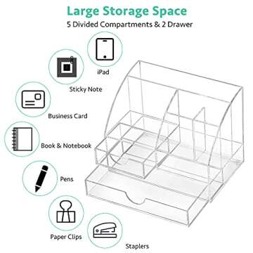 Acrylic Office Desk Supplies and Accessories,clear Desk stationary organizer with Drawers, Pen and Pencil Holder,Desktop Organization
