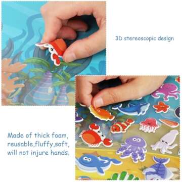 3D Sea Animals Puffy Sticker Play Set Kids 2-4 Toys Gifts Sticker Book Under the Sea Window Gel Clings Decals for Toddlers Home Airplane Classroom Nursery Ocean Party Supplies Decorations Removable 100 Reusable Puffy Stickers 2 Fold-Out Scenes