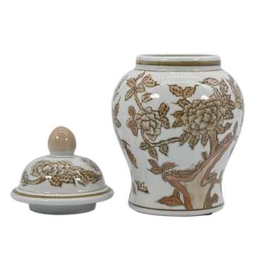 Galt International 8" Home Decor Ceramic Ginger Jar with Lid - Tea Storage, Decorative Centerpiece Accent Jar Jingdezhen Chinese Style Porcelain (Brown & White)